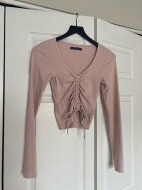 Abercrombie & Fitch Blush Pink Ruched V-Neck Long Sleeve Ribbed Top
